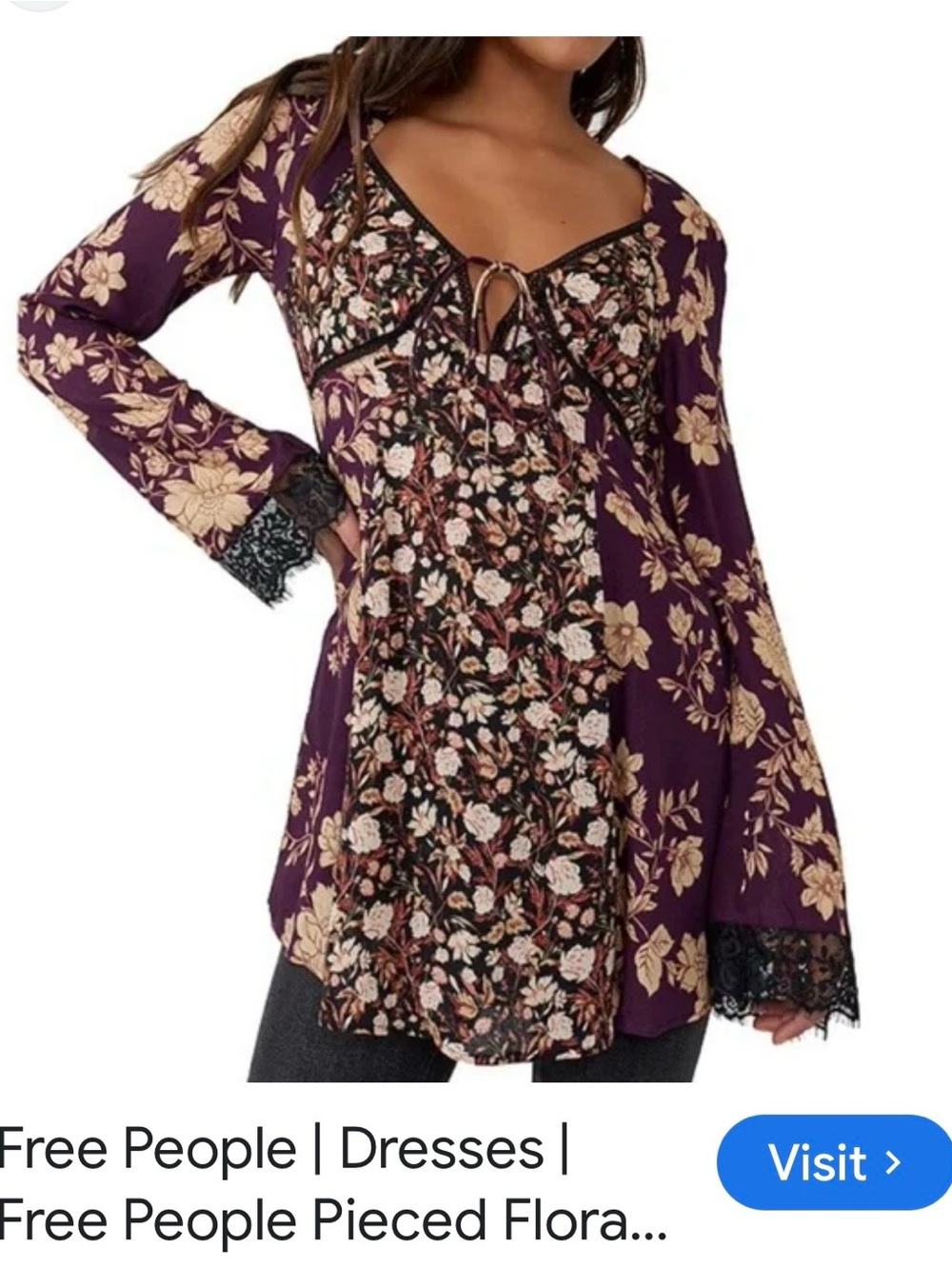 Free People Floral Lace-Trim V-Neck Dress/ Tunic ..Burgundy, cream,and black - Picture 2 of 10